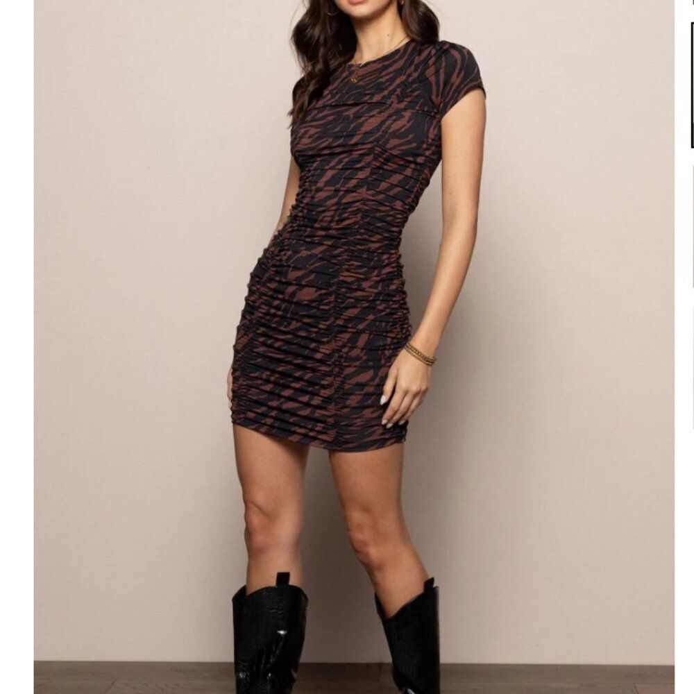 Painted Threads Zebra Bodycon Ruched Dress Brown and Black
